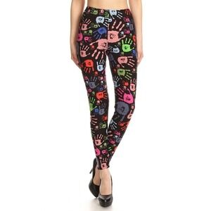 XP/3X-5X Size Multi Hand Print Leggings, Skinny, Full Length, Elastic High Waist